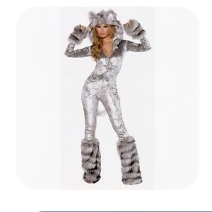 J Valentine Wolf Costume XL Silver Faux Fur Hooded Jumpsuit